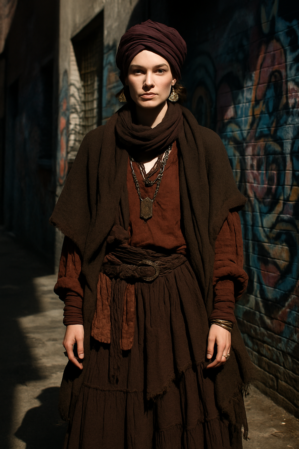 SKIPIKS AIファッション写真 — bohemian, vintage, ethnic — 자유로운 보헤미안 스타일이 인상적인 룩, 다크 브라운의 깊은 색감이 고급스러운 무드를 연출해요. 롱 스커트와 터번이 조화를 이루고, 골드 장신구