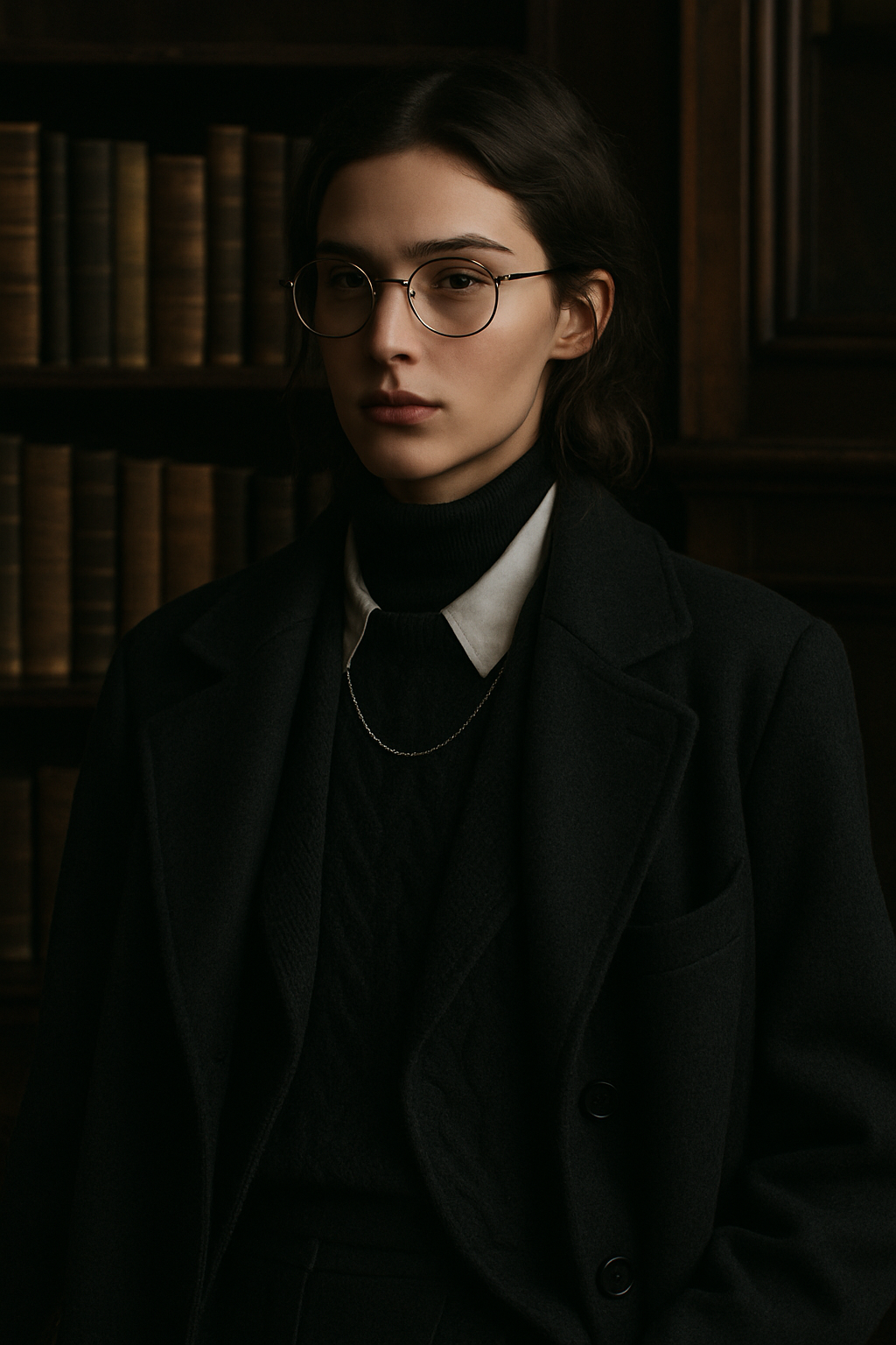 SKIPIKS AI 패션 화보 — classic, minimalist, androgynous — 세련된 블랙과 화이트의 조화로 고전적인 무드를 연출한 룩입니다. 터틀넥과 코트의 조합에 안경과 실버 체인 목걸이로 세련된 포인트를 더해 보세요.