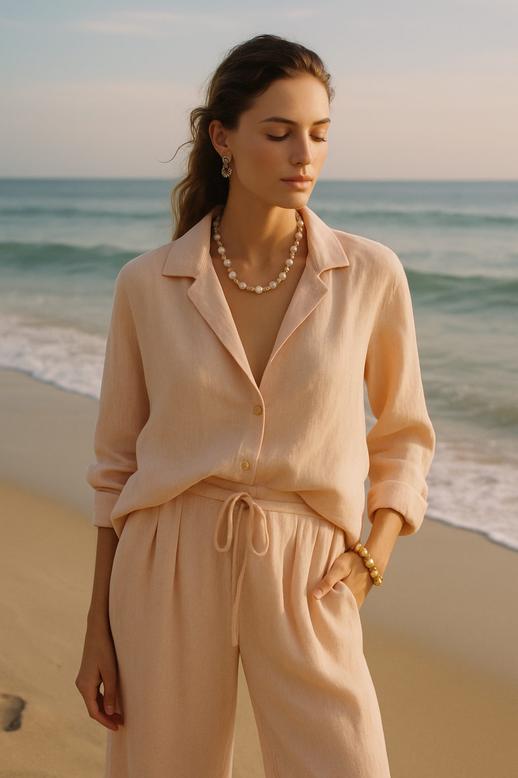 SKIPIKS AI 패션 화보 — minimalist, beach, elegant — 연분홍색 린넨 셔츠와 팬츠로 구성된 이 룩은 해변의 눈부신 햇살 아래서도 우아함을 잃지 않는 스타일을 완성합니다. 밝은 진주 목걸이와 금색 액세