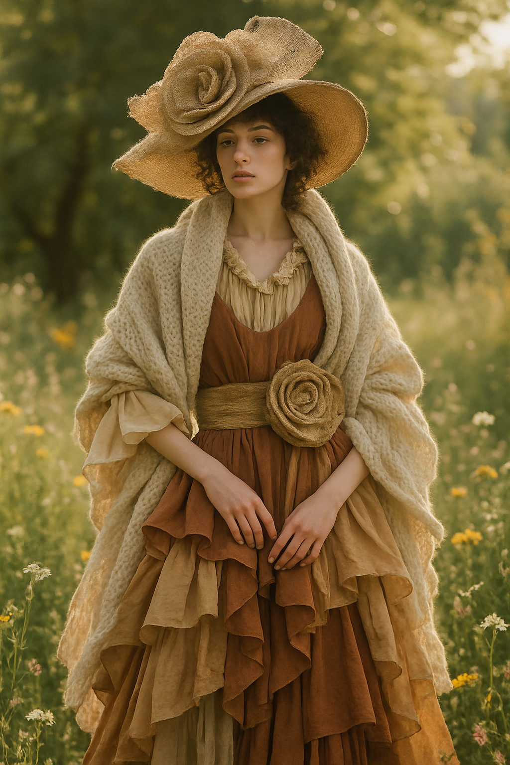 SKIPIKS AI fashion editorial — romantic, vintage, bohemian — 풍성한 주름과 따뜻한 색감이 어우러진 빈티지한 무드가 돋보이는 스타일이에요. 자연스러운 느낌의 갈색 드레스와 크림 컬러의 숄이 로맨틱한 분위기를