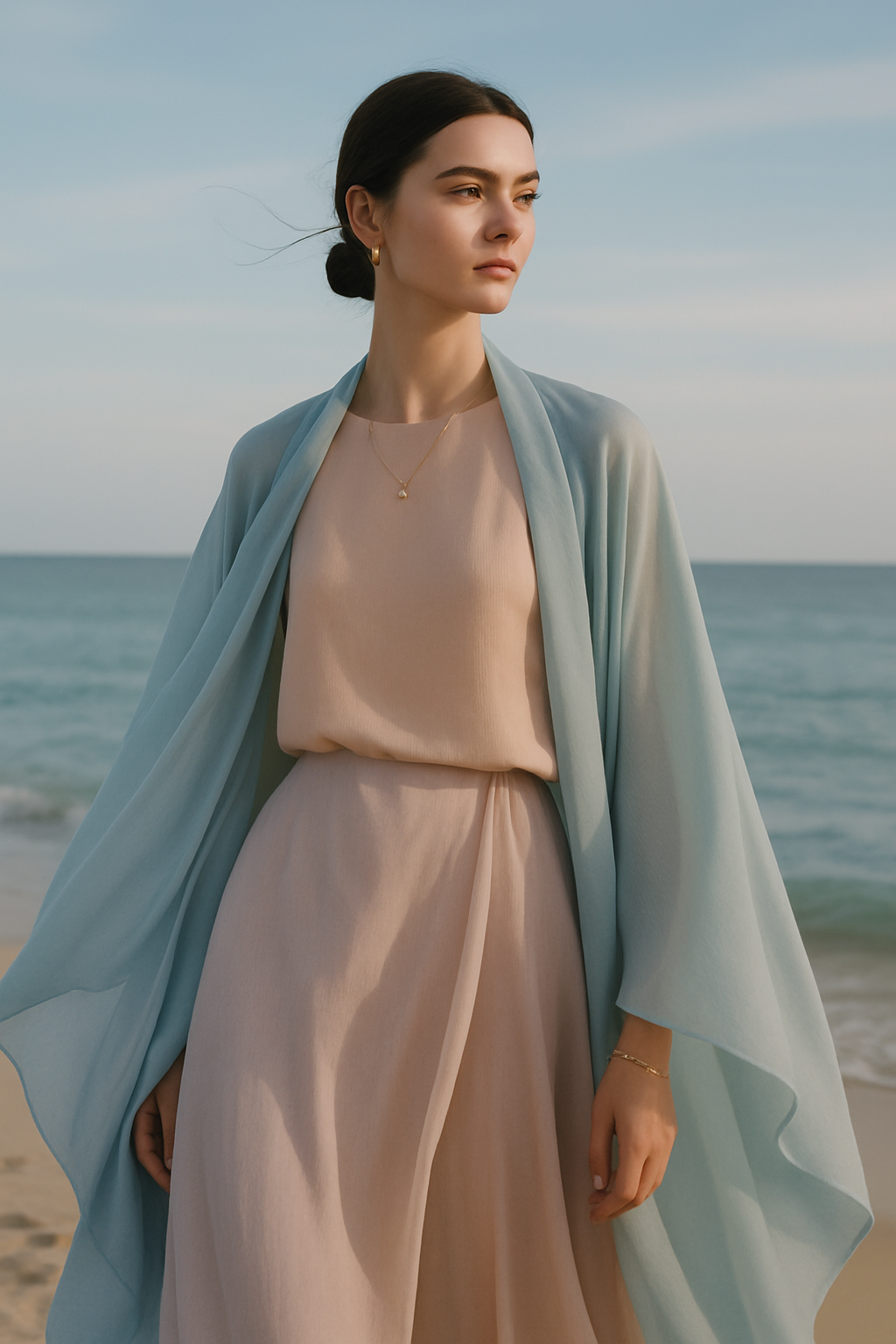 SKIPIKS AI 패션 화보 — feminine, minimalist — 은은한 베이지와 하늘색의 조화가 돋보이는 여성스러운 스타일링입니다. 시폰 소재의 드레이프는 바람에 흩날리며 여름날의 청량한 분위기를 살려줍니다.