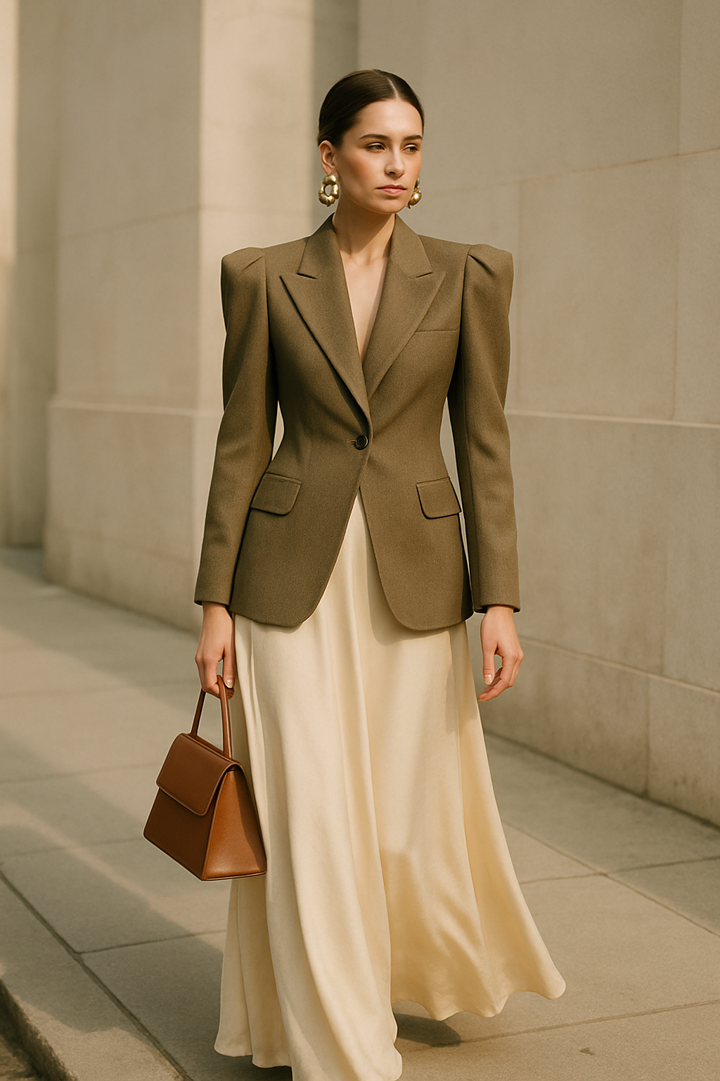 SKIPIKS AIファッション写真 — classic, feminine — 브라운 블레이저와 크림색 롱 스커트의 조화가 우아하면서도 세련된 분위기를 연출해보세요. 골드 이어링과 클래식한 핸드백을 매치하면 더욱 완성도 높