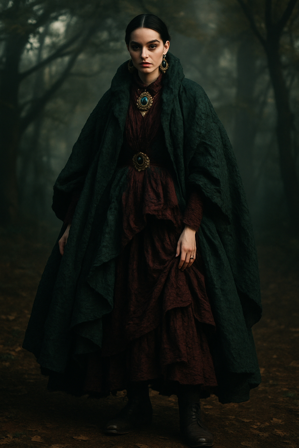 SKIPIKS AI fashion editorial — vintage, gothic, layered — 무게감 있는 녹색 망토와 버건디 드레스가 어우러진 고풍스러운 가을 룩입니다. 겹겹이 레이어드된 실루엣이 우아하면서도 신비로운 분위기를 더해줍니다