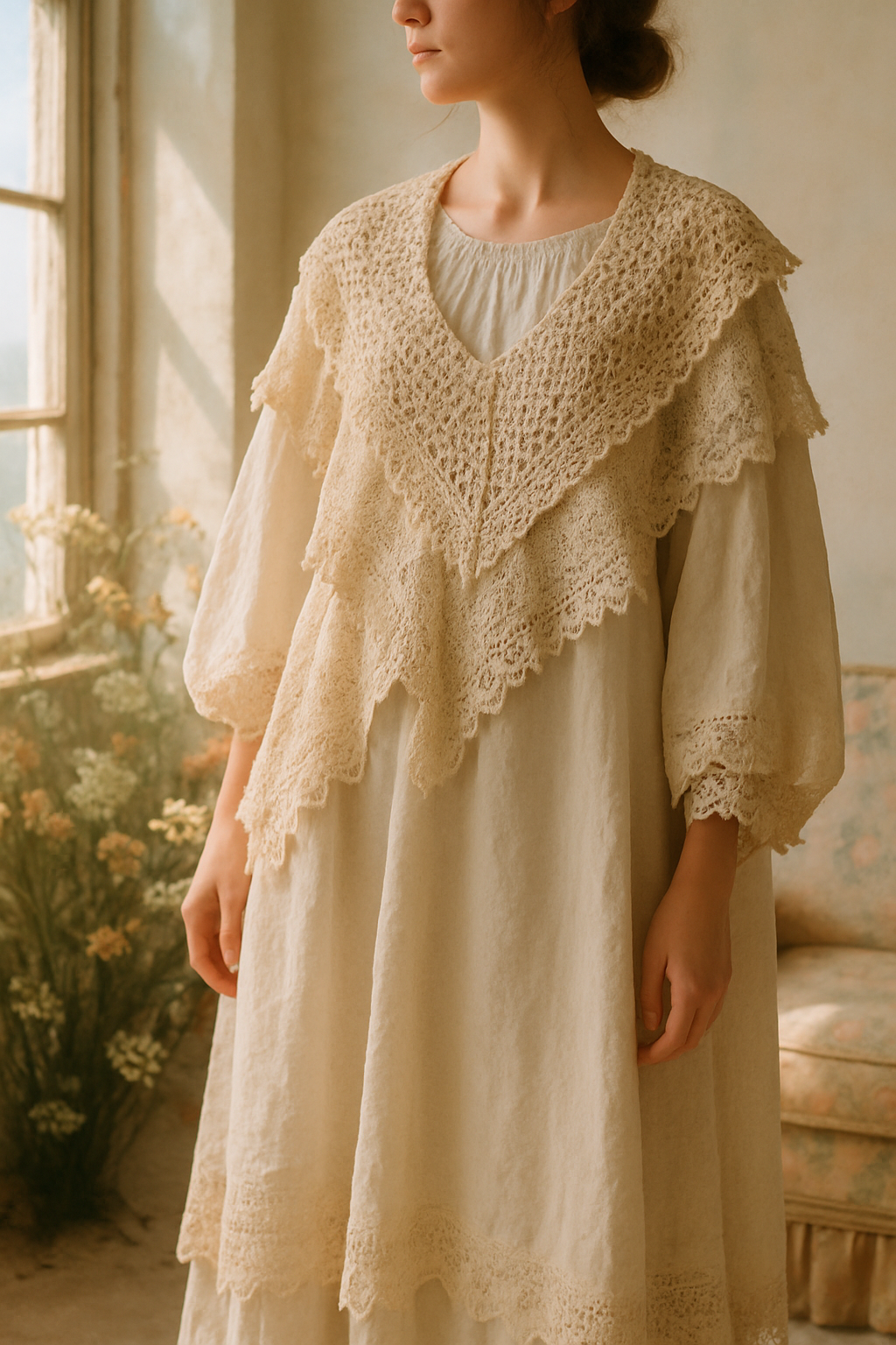 SKIPIKS AI时尚大片 — romantic, vintage, bohemian — 따뜻한 베이지 톤의 레이스 드레스는 부드러운 니트 숄과 함께 로맨틱하고 빈티지한 무드를 자아냅니다. 드레스의 풍성한 실루엣과 자연스러운 색감이 