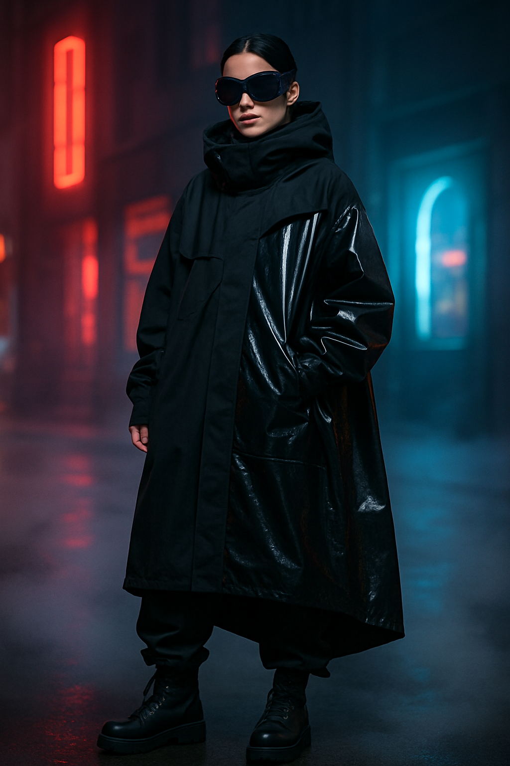SKIPIKS AI 패션 화보 — futuristic, streetwear, edgy — 이 룩은 미래적인 무드와 함께 시크한 올블랙 스타일이 돋보입니다. 매끈한 소재의 코트와 볼드한 선글라스가 강렬한 인상을 주며, 간결한 부츠로 전