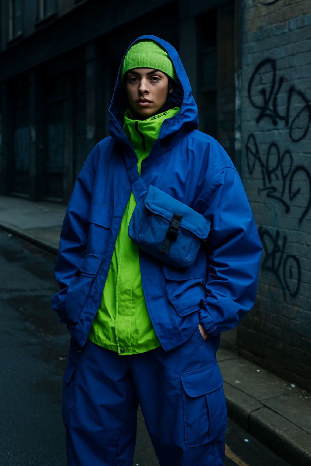 SKIPIKS AI fashion editorial — streetwear, outdoor, unisex — 파란색과 네온 그린의 강렬한 대비가 돋보이는 스트리트웨어 룩입니다. 약간 오버사이즈 핏의 후드 재킷과 카고 팬츠를 매치해 편안함과 실용성을 강조