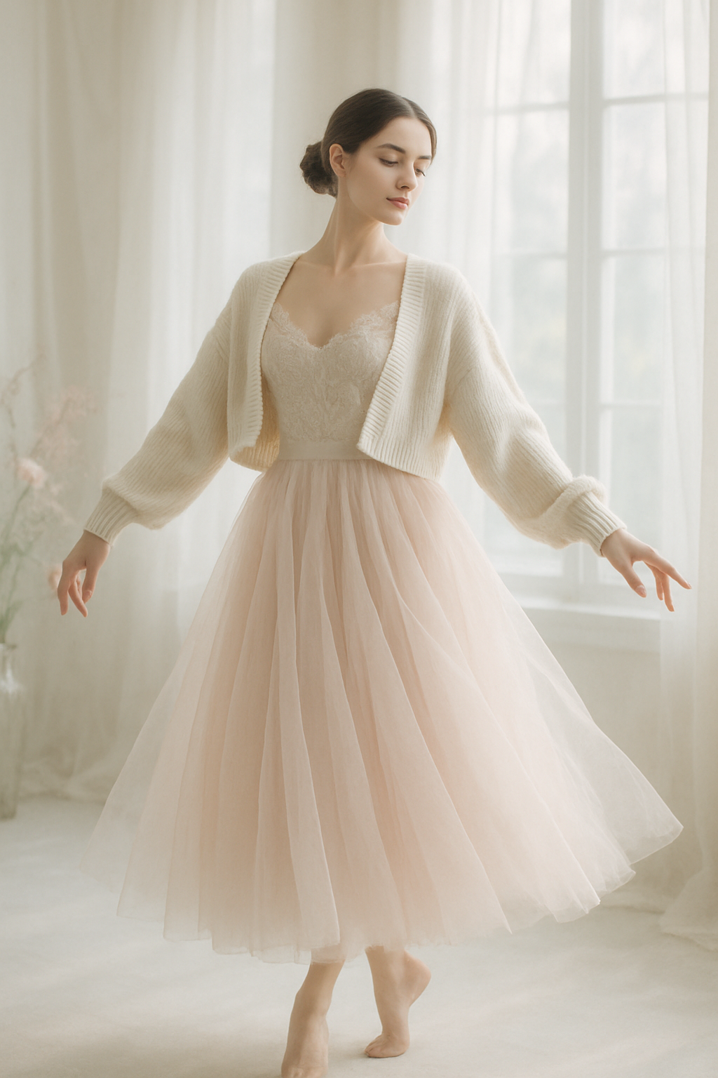 SKIPIKS AI时尚大片 — feminine, romantic, elegant — 크림색 니트 가디건과 연핑크 레이스 드레스의 조화가 우아하고 로맨틱한 무드를 완성합니다. 니트 가디건은 다양한 레이스 탑과 입어도 잘 어울리며,