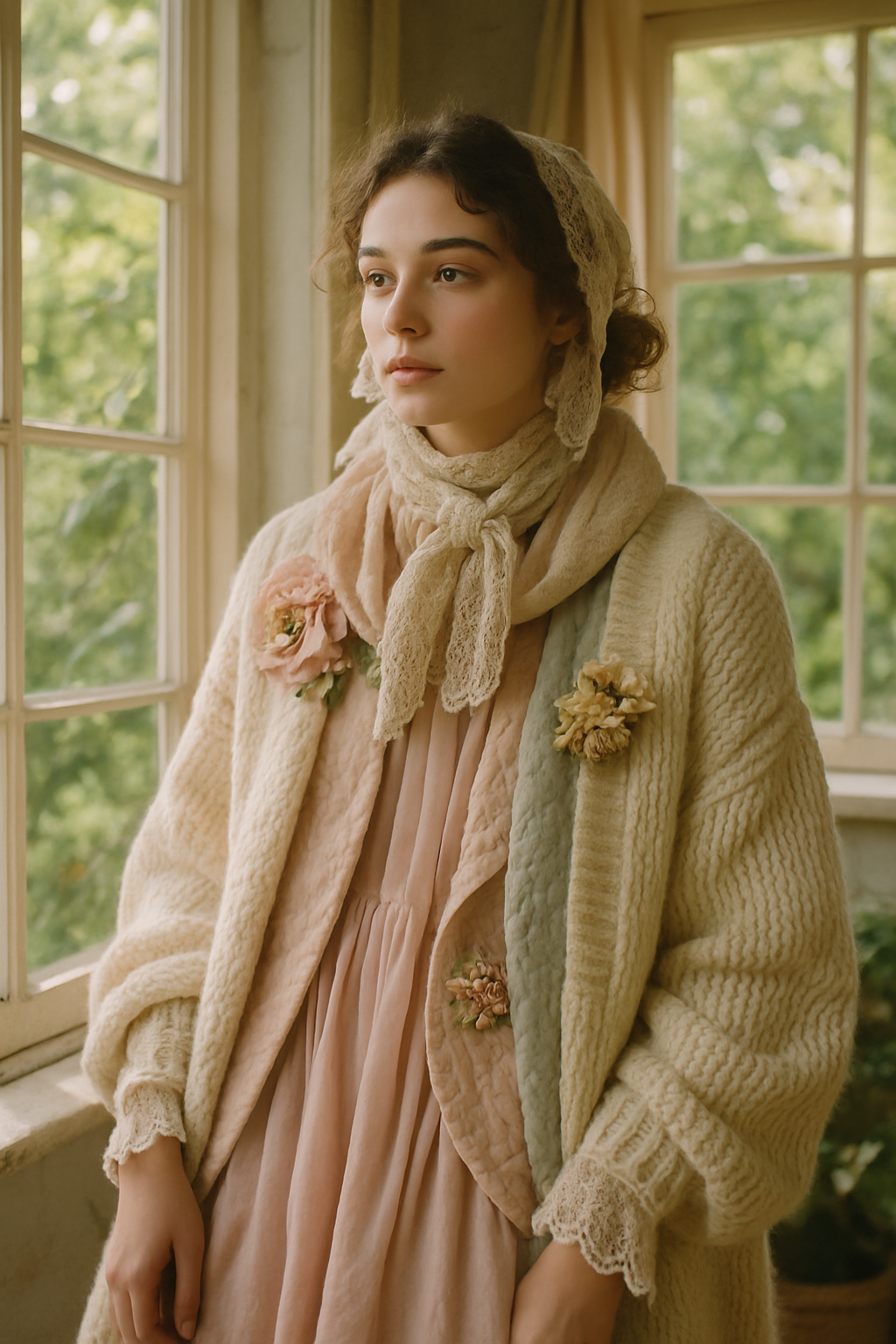 SKIPIKS AIファッション写真 — romantic, vintage, feminine — 부드러운 니트 가디건과 여성스러운 플리츠 드레스가 따뜻한 느낌을 자아내는 룩이에요. 레이스 스카프로 포인트를 줘서 로맨틱한 분위기를 더해보세요.