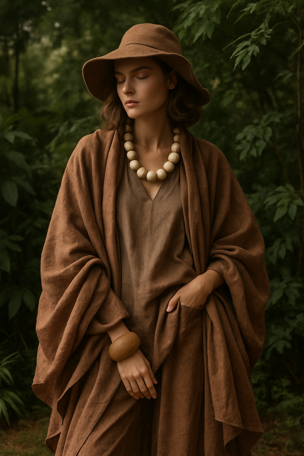 SKIPIKS AI fashion editorial — bohemian, earthy, ethereal — 자연과 완벽히 조화를 이루는 브라운 톤의 케이프와 블라우스로 고요하고 우아한 무드를 담아냈습니다. 넓은 모자와 나무 소재의 액세서리로 스타일의 