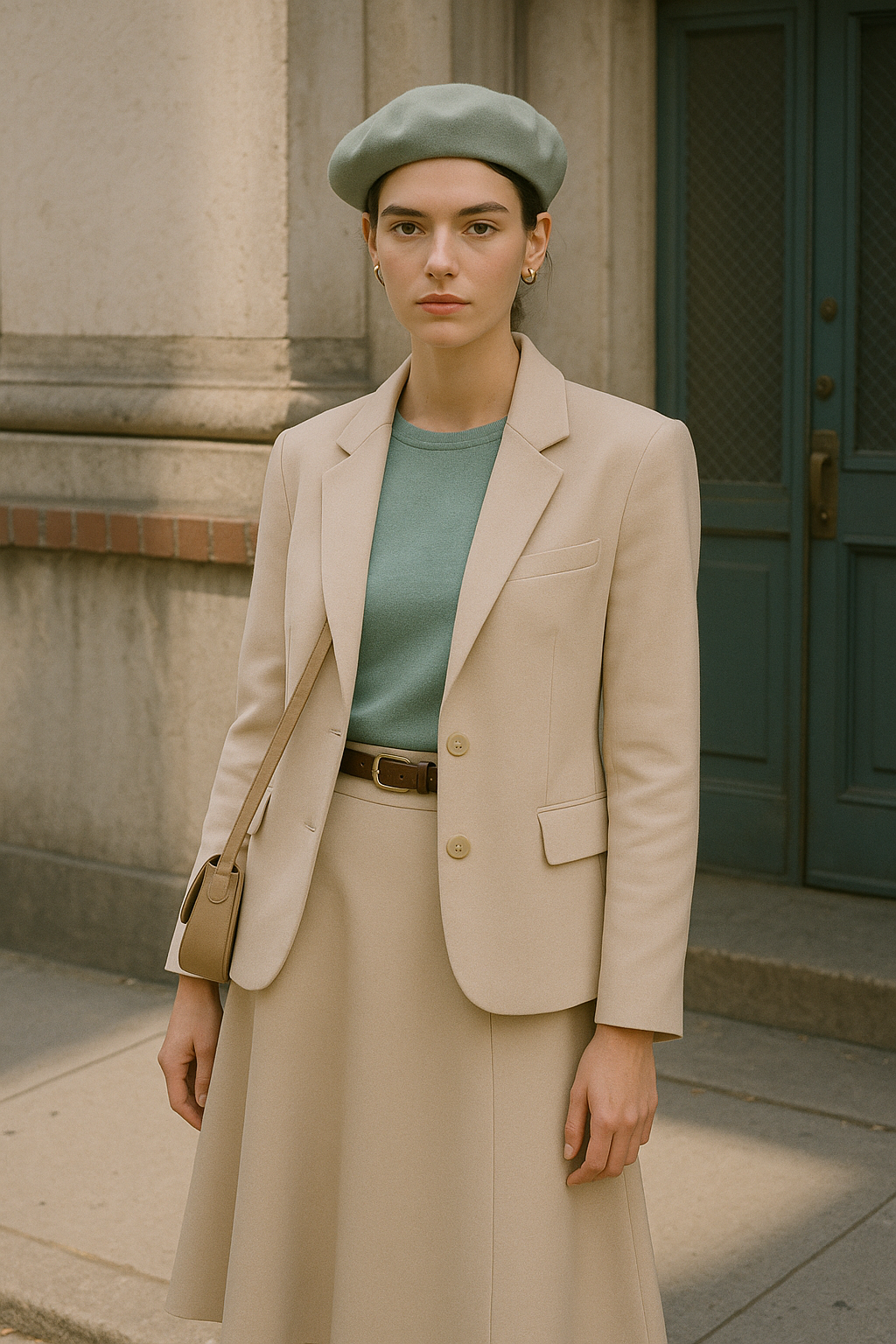 SKIPIKS AIファッション写真 — classic, chic — 베이지 컬러의 재킷과 스커트가 깔끔하면서도 세련된 무드를 자아내요. 연두색 니트와 매치한 베레모는 잔잔한 포인트를 더해주며, 골드 악세사리로 우
