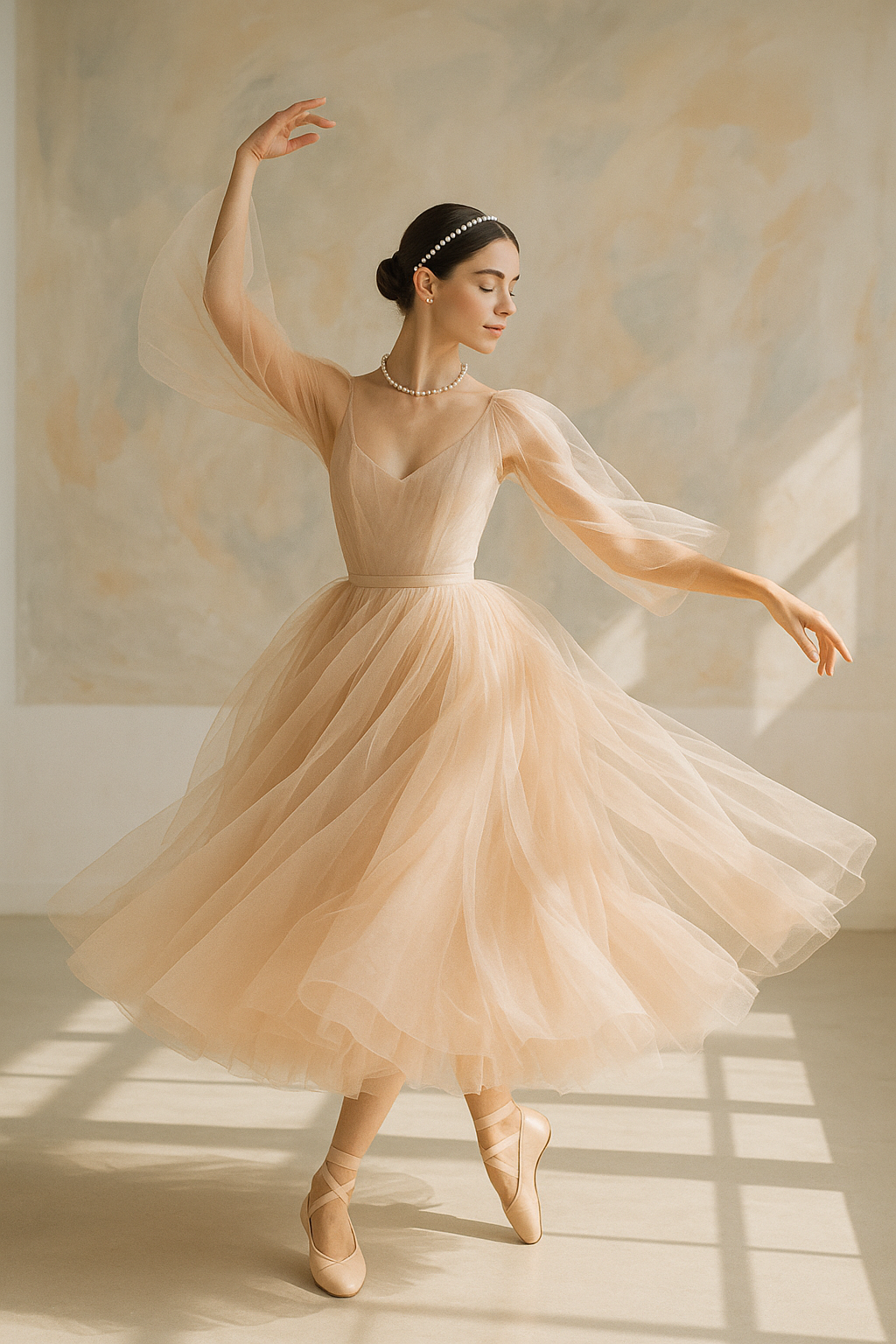SKIPIKS AI 패션 화보 — romantic, feminine, elegant — 베이지 톤의 튜튜 드레스는 부드럽고 로맨틱한 무드를 연출해요. 진주 액세서리들과 매치하면 우아한 포인트를 더할 수 있답니다. 발레커 양식이나 봄