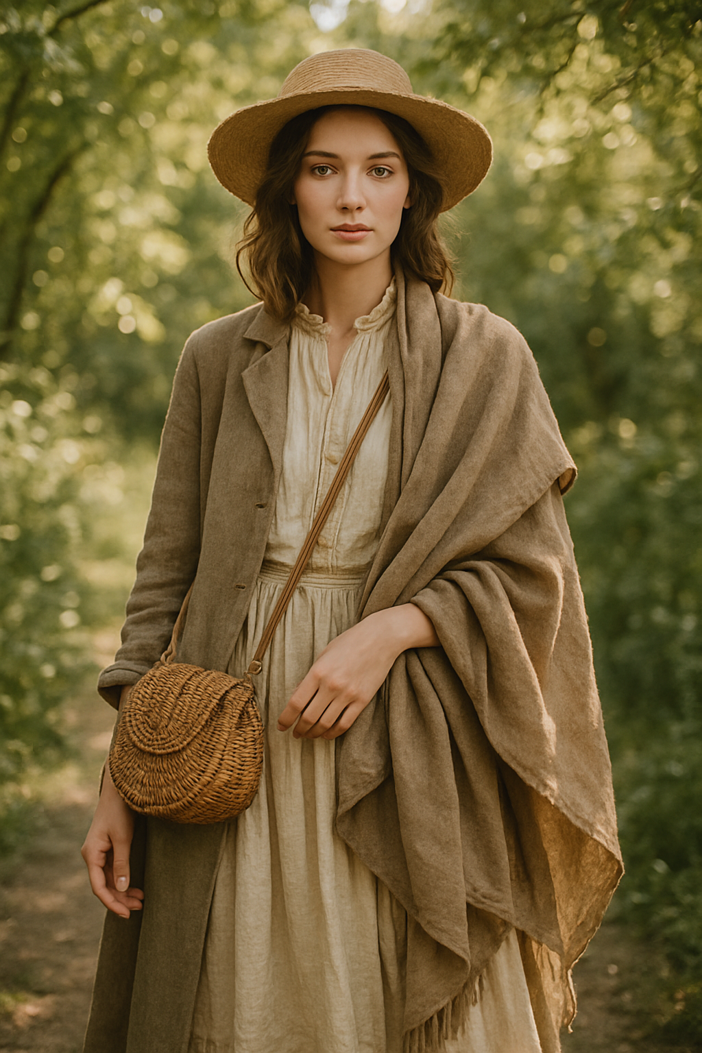 SKIPIKS AI fashion editorial — vintage, bohemian, natural — 차분하고 자연스러운 색감의 오버사이즈 재킷과 롱 드레스가 내추럴한 무드를 완성해요. 라탄 소재의 크로스백은 더욱 빈티지한 감성을 더해주어 일상 
