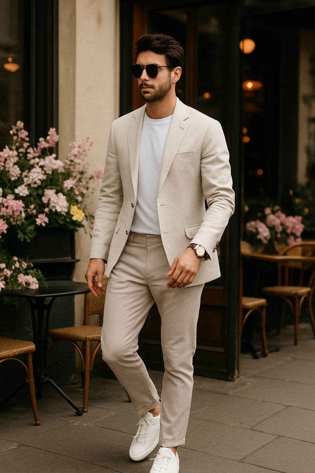 SKIPIKS AI fashion editorial — minimalist, smartcasual — 부드러운 베이지 톤의 재킷과 팬츠가 클래식하고 세련된 무드를 자아내어 깔끔한 감성을 전해줍니다. 화이트 티셔츠와 스니커즈로 캐주얼함을 더해 데일