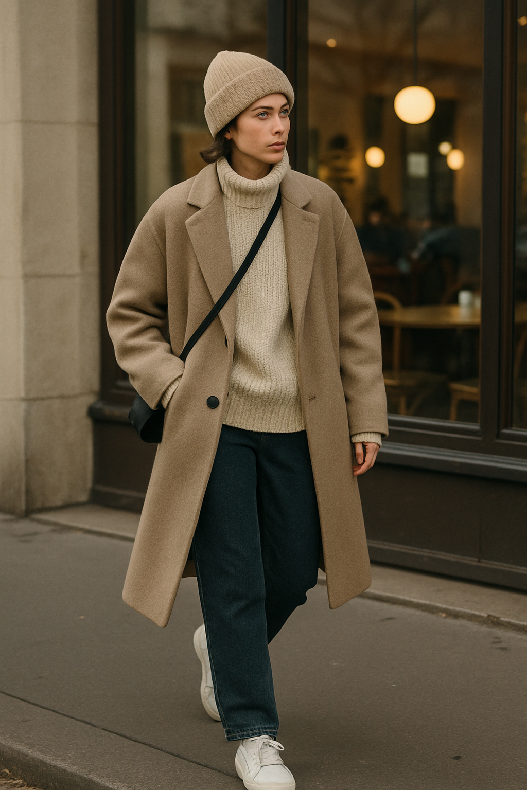 SKIPIKS AI时尚大片 — minimalist, casual — 베이지 톤의 코트와 비니가 어우러진 따뜻한 감성의 룩으로, 실루엣이 매력적입니다. 크림 니트 스웨터와 블랙 데님을 매치해 심플하면서도 세련된 무