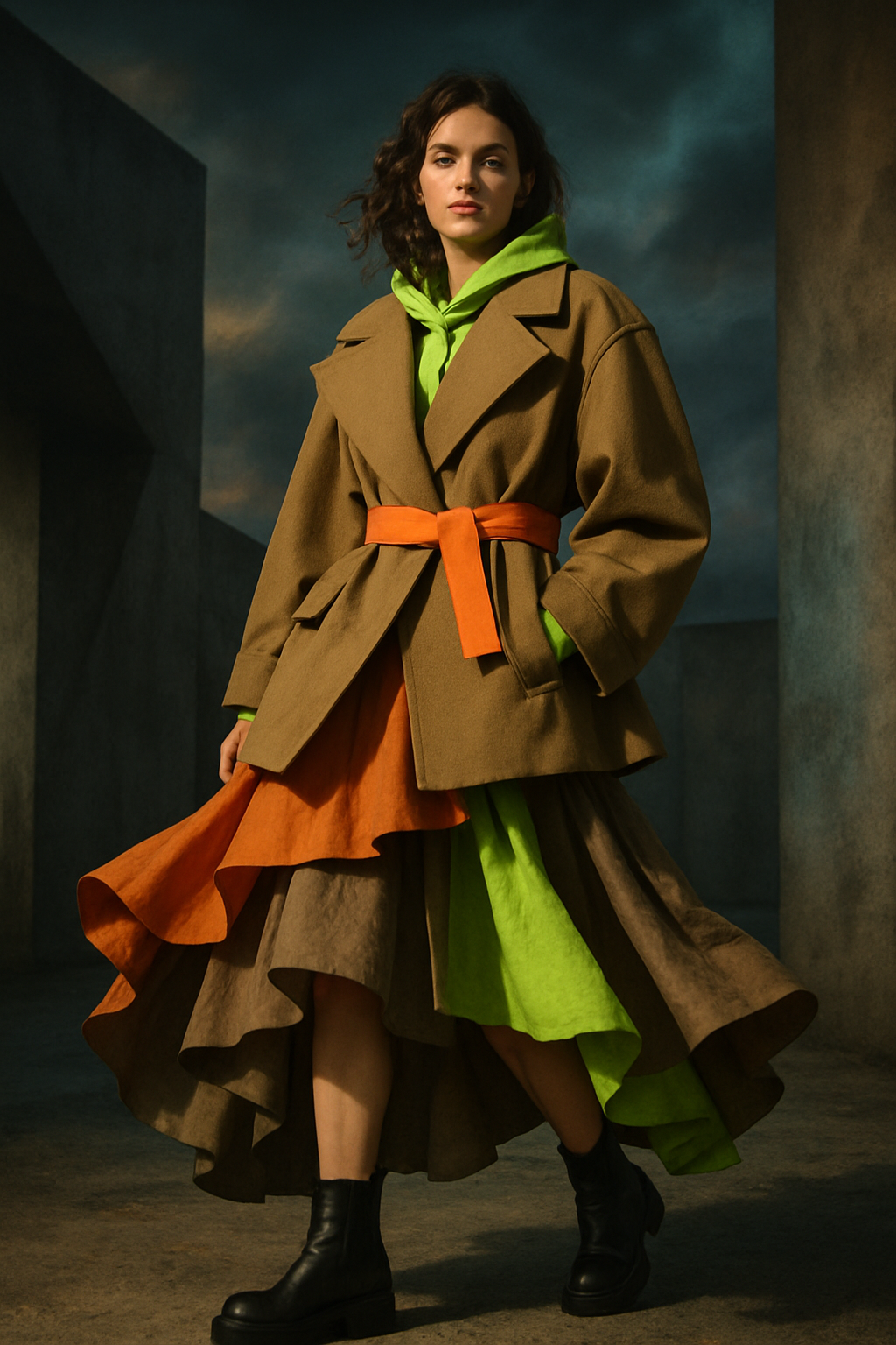 SKIPIKS AI时尚大片 — layered, bold, feminine — 화려한 카키 코트와 네온 그린 드레스가 어우러져 독창적인 스타일의 분위기를 완성합니다. 오렌지 벨트로 포인트를 살리고, 블랙 부츠와 매치해 도시