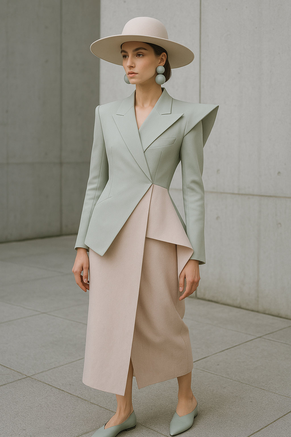 SKIPIKS AI 패션 화보 — feminine, minimalist, elegant — 구조적인 실루엣과 민트 색상의 페플럼 재킷이 우아한 무드를 연출해주는 룩이에요. 볼드한 이어링과 플랫 슈즈를 함께 매치하여 모던하면서도 세련된 