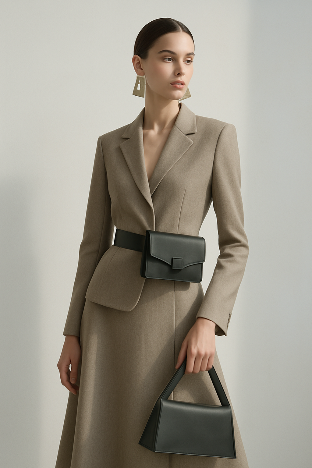 SKIPIKS AI fashion editorial — minimalist, sophisticated, elegant — 베이지 컬러의 블레이저와 스커트가 조화를 이루며 세련된 무드를 연출해요. 블랙 벨트백과 핸드백을 통해 포인트를 더하며 모던한 감각을 나타내고 있
