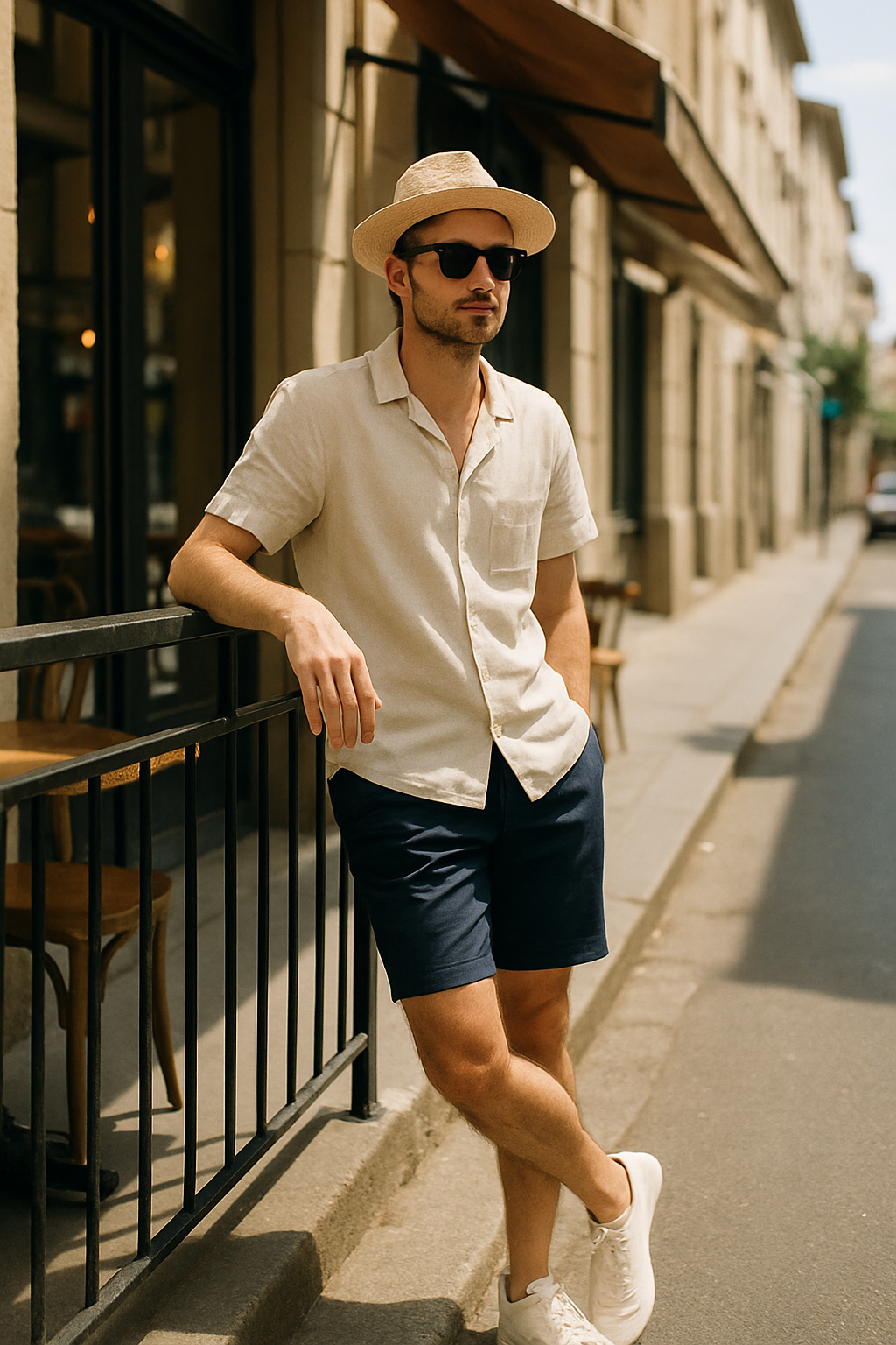 SKIPIKS AI 패션 화보 — casual, summer, streetwear — 베이지와 네이비의 조화가 돋보이는 세련된 여름 룩이에요. 린넨 셔츠와 반바지의 조합으로 가볍고 편안한 휴가 분위기를 연출해보세요. 선글라스와 모