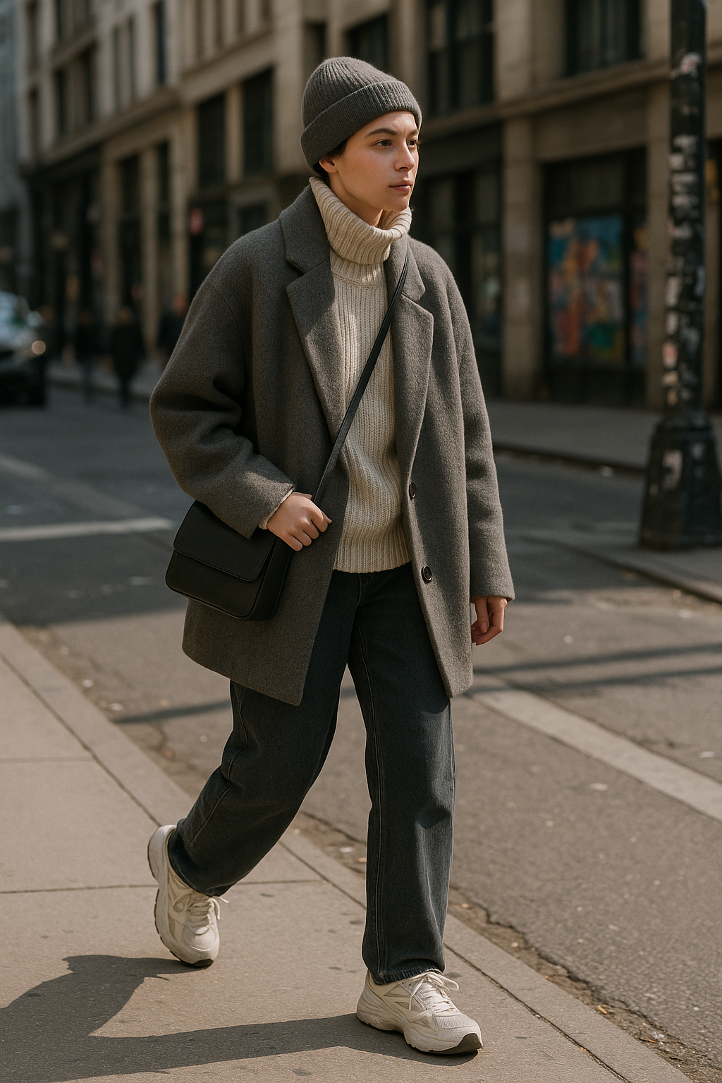 SKIPIKS AIファッション写真 — minimalist, casual — 그레이와 베이지 톤의 조화가 돋보이는 모던한 겨울 스타일을 완성했어요. 볼륨 있는 터틀넥 니트가 포근함을 더해주며, 그레이 코트로 세련된 실루엣