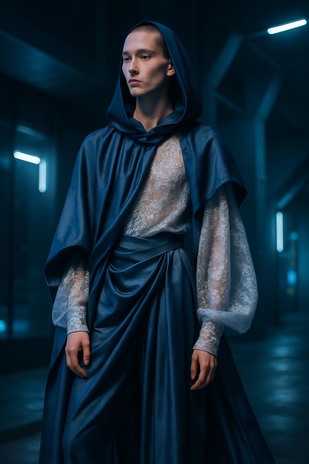 SKIPIKS AI 패션 화보 — futuristic, mystical — 고급스러운 네이비 드레이프와 레이스의 조화가 매력적인 룩이에요. 허리 밴딩으로 실루엣을 강조해 독특한 멋을 더했답니다. 특별한 저녁 모임이나 패