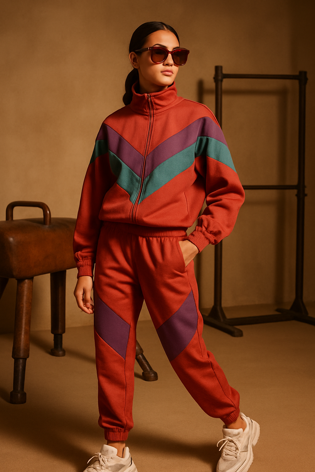 SKIPIKS AIファッション写真 — athleisure, retro, sporty — 레드와 퍼플, 청록 컬러의 믹스가 돋보이는 활기찬 트랙 수트입니다. 비비드한 색감이 주는 에너지를 강조해보세요. 스포티한 무드를 살려 흰색 스니