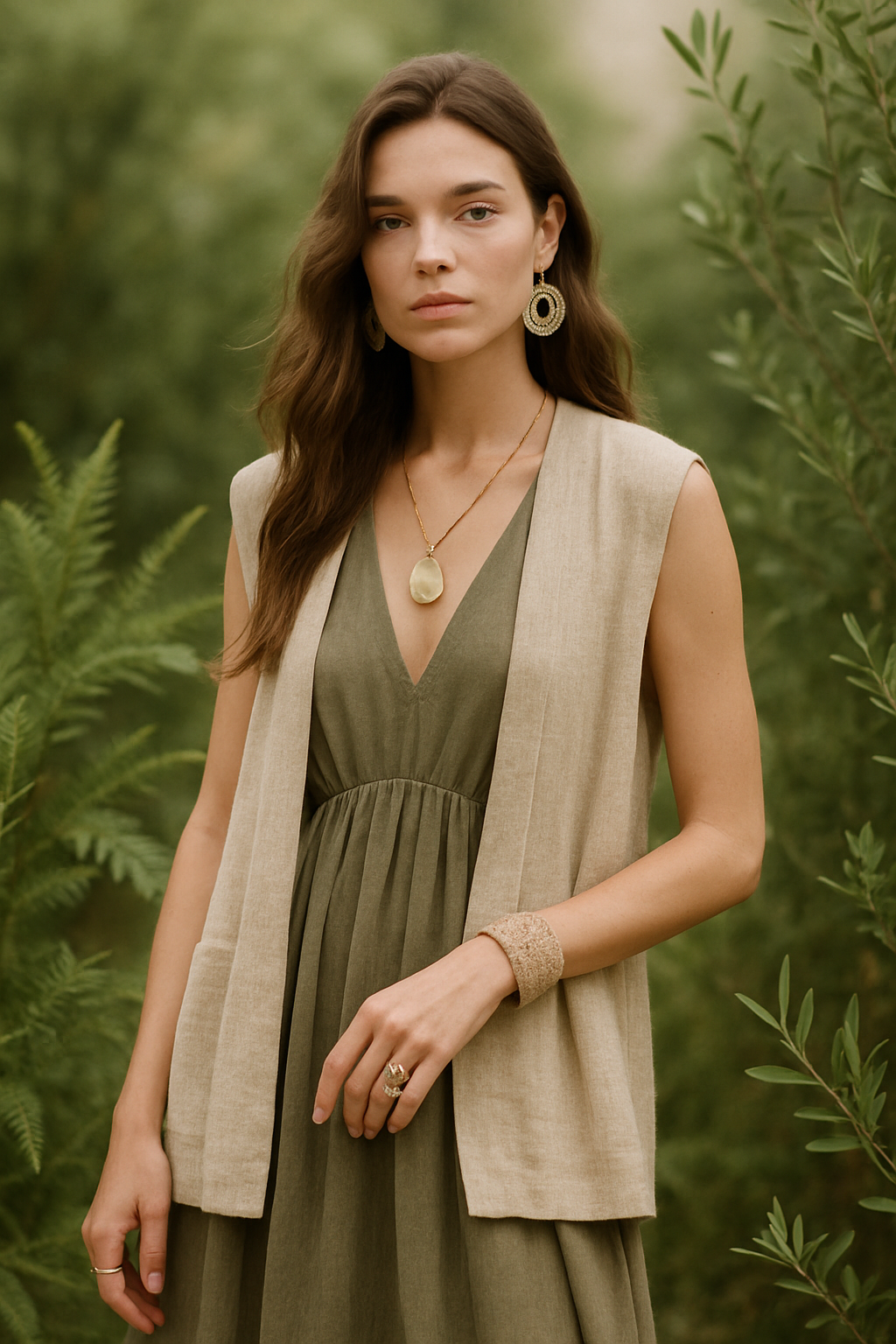 SKIPIKS AI fashion editorial — natural, bohemian — 자연을 닮은 카키와 베이지의 조화가 내추럴하고 부드러운 무드를 자아냅니다. 드롭 귀걸이와 함께 펜던트 목걸이를 매치해 우아하면서도 캐주얼한 포인