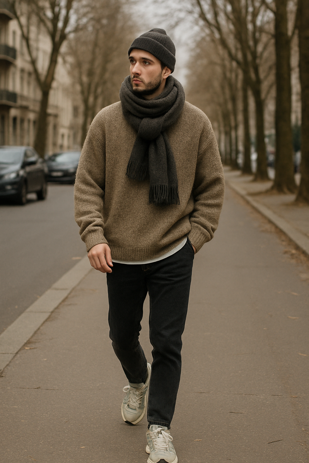 SKIPIKS AI fashion editorial — casual, cozy — 포근한 베이지 스웨터와 검정 청바지의 조합이 따뜻하면서도 캐주얼한 무드를 연출해요. 짙은 회색의 목도리와 비니가 스타일에 생동감을 더해줍니다. 