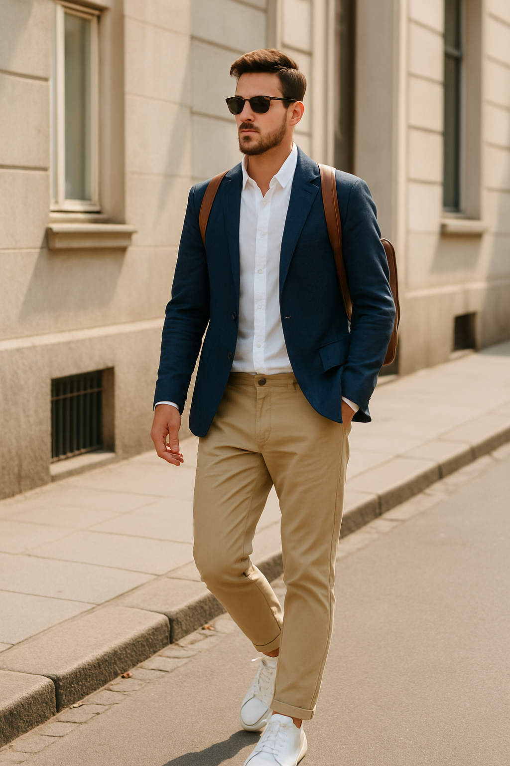 SKIPIKS AI 패션 화보 — business, smartcasual — 네이비 블레이저와 화이트 셔츠의 조합이 세련된 비즈니스 캐주얼 룩을 연출해보세요. 베이지 치노 팬츠와 화이트 스니커즈로 경쾌하면서도 정돈된 무드