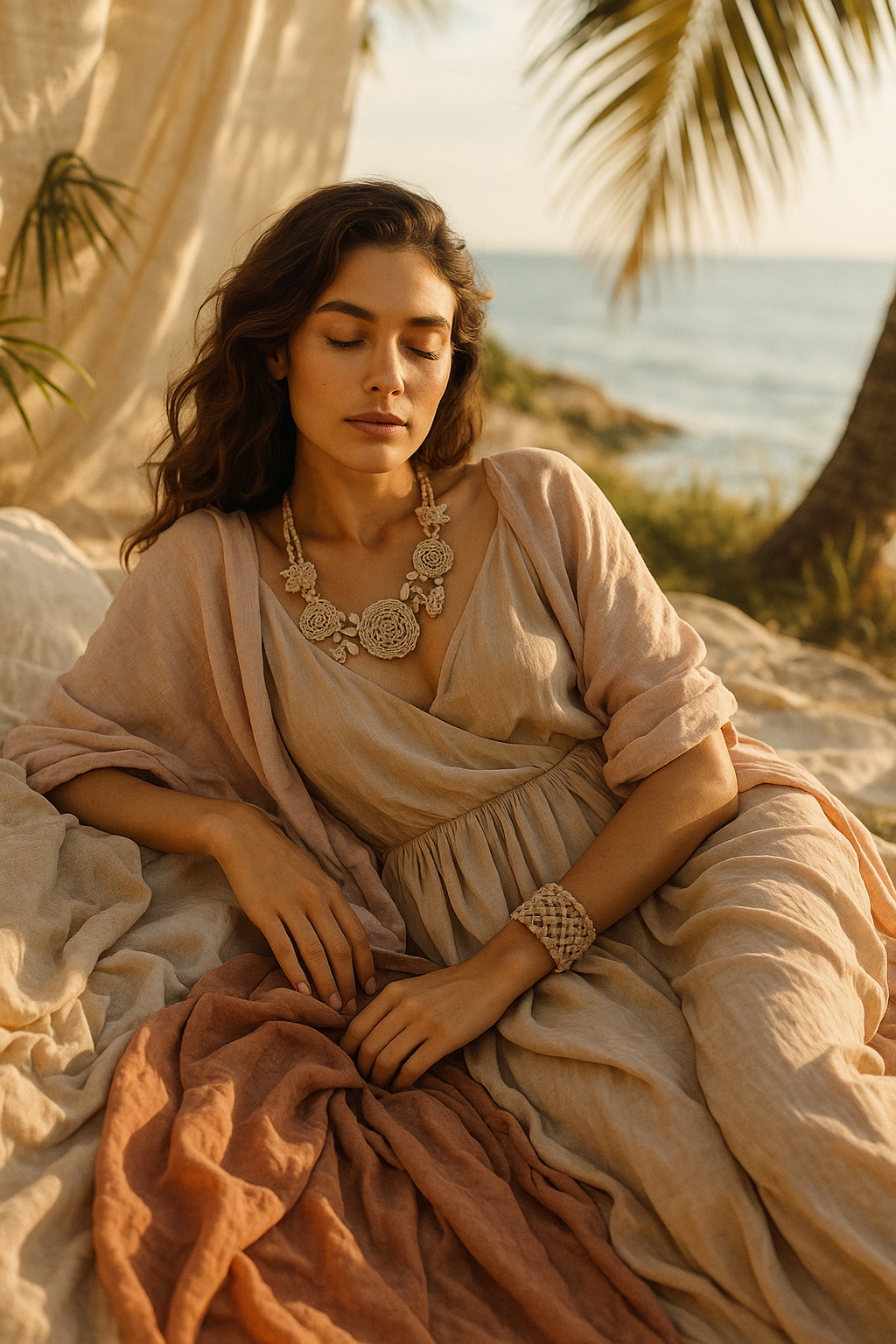 SKIPIKS AIファッション写真 — bohemian, natural, elegant — 크림색 린넨 드레스와 베이지색 악세사리가 조화를 이루며 자연스러운 보헤미안 무드를 완성해보세요. 다양한 플로럴 악세서리와 매치하면 당신만의 우아