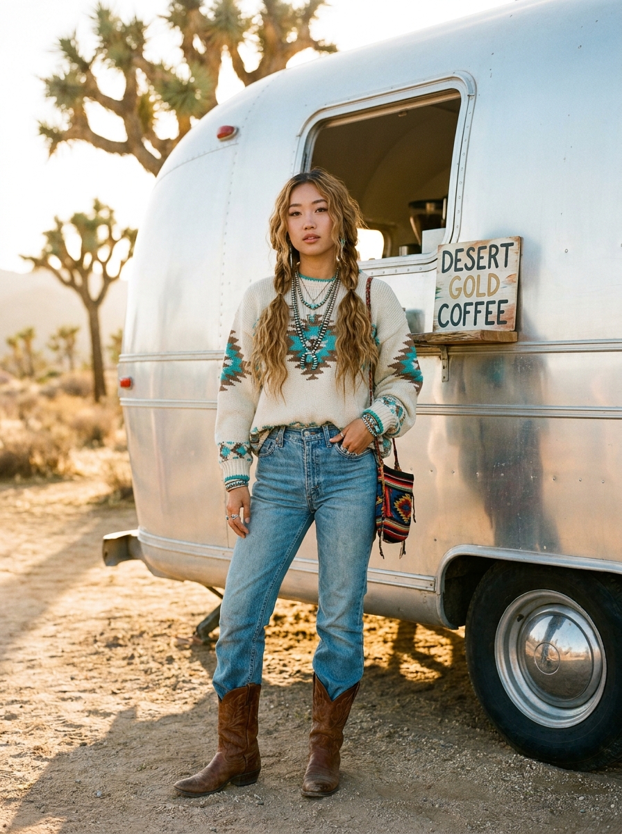SKIPIKS AI 패션 화보 — bohemian, vintage, casual — 베이지 톤의 니트 스웨터와 청바지로 완성된 룩은 자연스러우면서도 따뜻한 보헤미안 무드를 연출해보세요. 카우보이 부츠와 에스닉 패턴 백으로 포인트