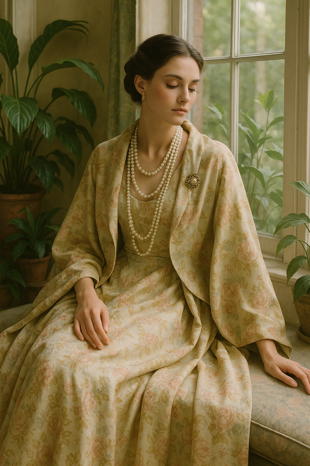 SKIPIKS AIファッション写真 — vintage, elegant, feminine — 부드러운 플로럴 패턴과 우아한 실루엣이 돋보이는 룩이에요. 진주 목걸이와 골드 액세서리가 클래식한 포인트를 더해줍니다. 가을의 데일리룩이나 중요