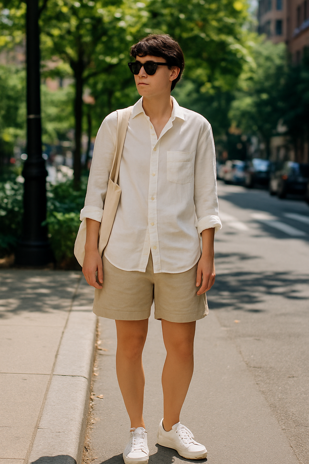 SKIPIKS AI时尚大片 — minimalist, casual, chic — 화이트 셔츠와 베이지 반바지의 조화가 돋보이는 깔끔한 여름 스타일이에요. 셔츠의 롤업 디테일과 크림색 숄더백으로 스타일의 포인트를 더해보세요. 