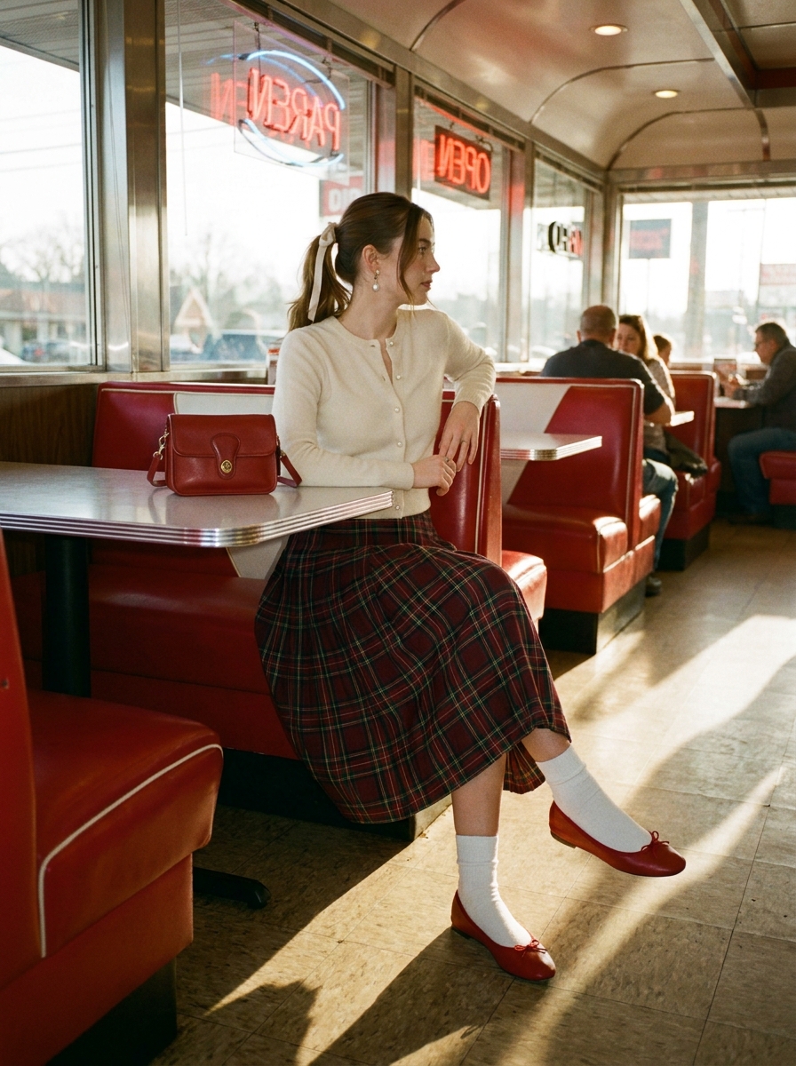 SKIPIKS AI时尚大片 — vintage, feminine, preppy — 아이보리 가디건과 체크 무늬 스커트 조합이 레트로하고 우아한 분위기를 자아내요. 레드 플랫 슈즈와 가방으로 포인트를 주고, 진주 귀걸이로 여성스