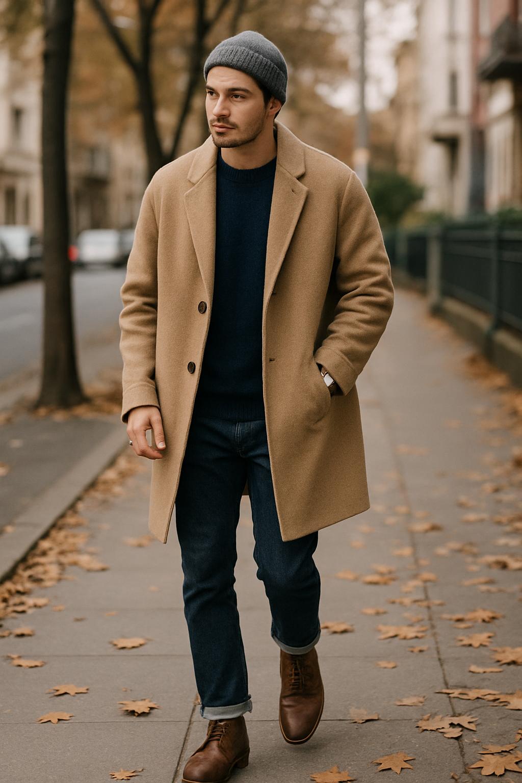 SKIPIKS AIファッション写真 — casual, classic — 부드러운 베이지 코트가 클래식한 매력을 더해주는 룩입니다. 네이비 스웨터와 진청 청바지로 코디해 캐주얼하면서도 세련된 스타일을 완성해보세요. 브