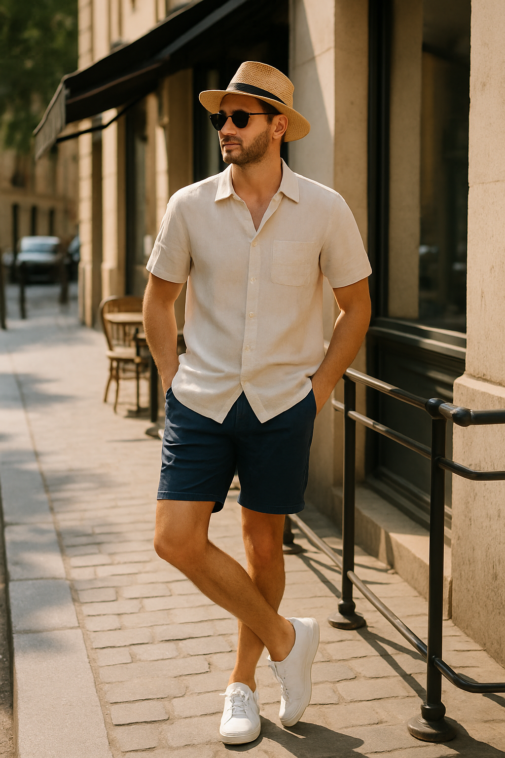 SKIPIKS AIファッション写真 — minimalist, casual — 베이지 셔츠와 네이비 반바지가 조화로운 산뜻한 여름 룩입니다. 클래식한 햇과 선글라스를 매치하면 바캉스 분위기를 더욱 살려보세요. 해변이나 도시