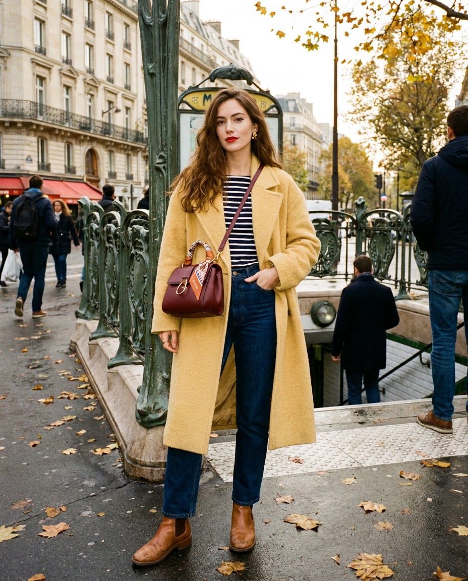 SKIPIKS AIファッション写真 — chic, french, casual — 노란색 코트와 버건디 가방이 포인트인 시크한 가을 룩이에요. 스트라이프 티셔츠와 청바지가 캐주얼하면서도 스타일리시한 느낌을 줍니다. 이 스타일은