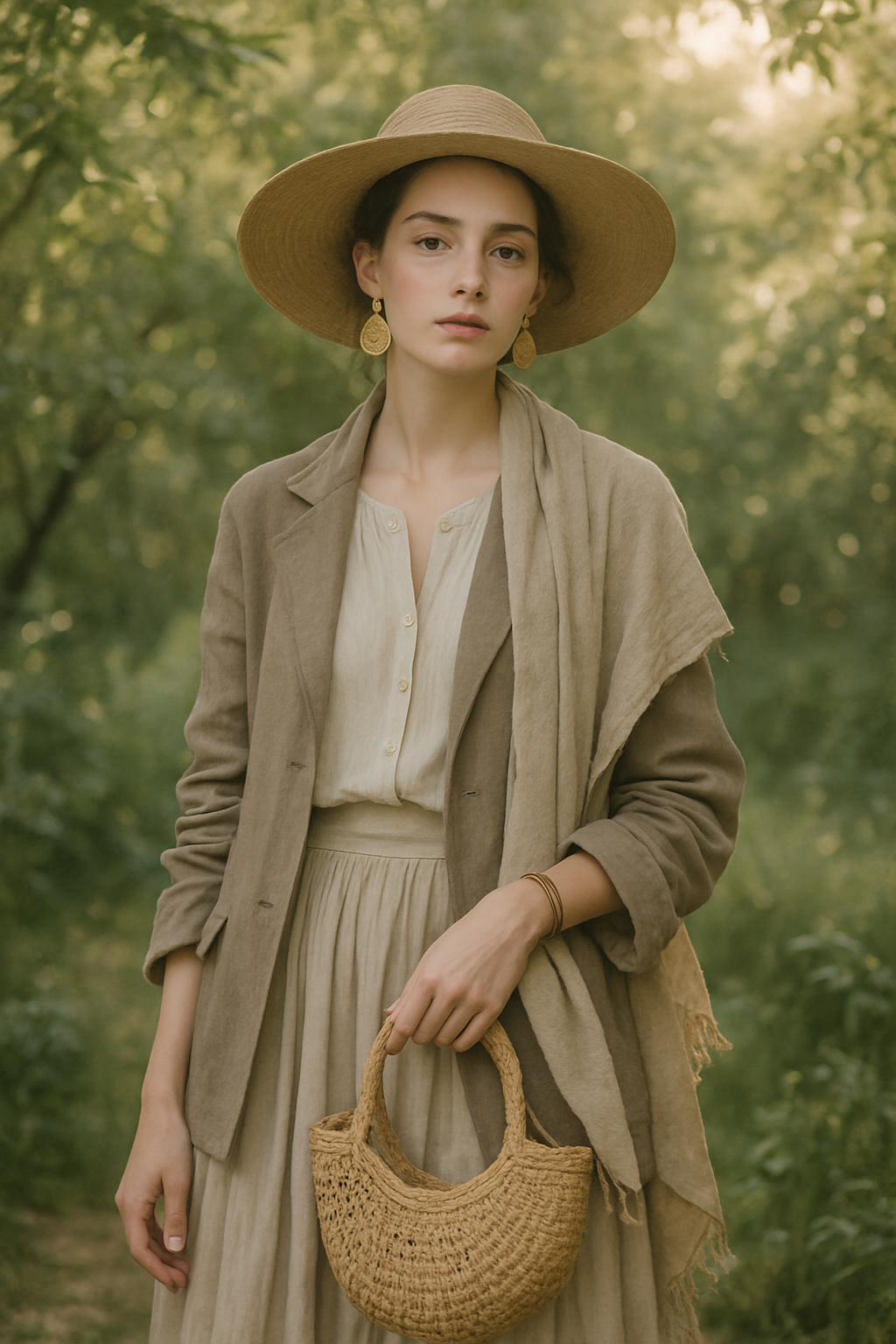 SKIPIKS AIファッション写真 — bohemian, minimalist — 자연스러운 베이지 톤으로 편안하고 감각적인 무드를 연출해보세요. 라탄 액세서리로 포인트를 주며 보헤미안 스타일을 더해줍니다. 여름 피크닉이나 자