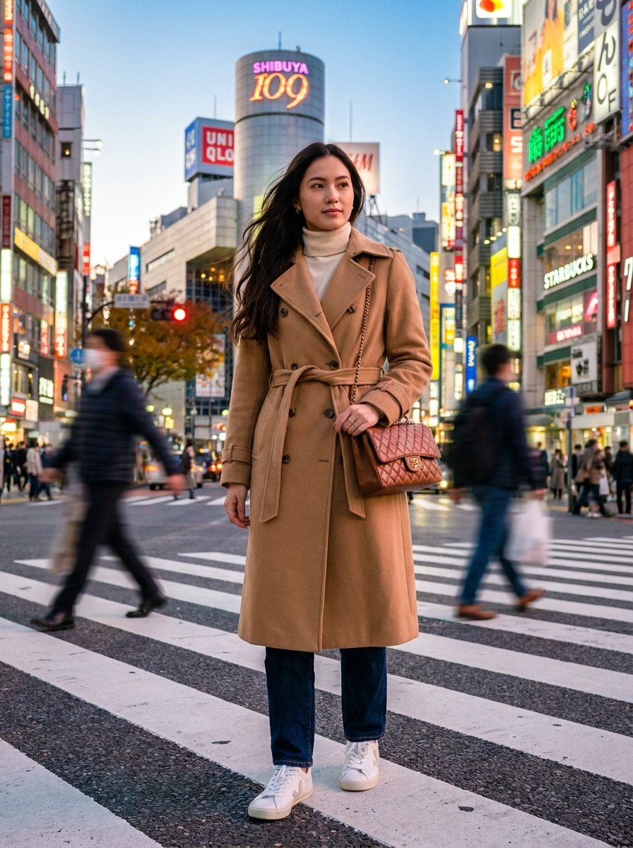 SKIPIKS AIファッション写真 — chic, urban — 베이지 트렌치코트와 크림 터틀넥이 어우러져 세련된 도시적 무드를 자아냅니다. 클래식한 청바지와 스니커즈로 캐주얼함을 더하고, 브라운 숄더백으로 