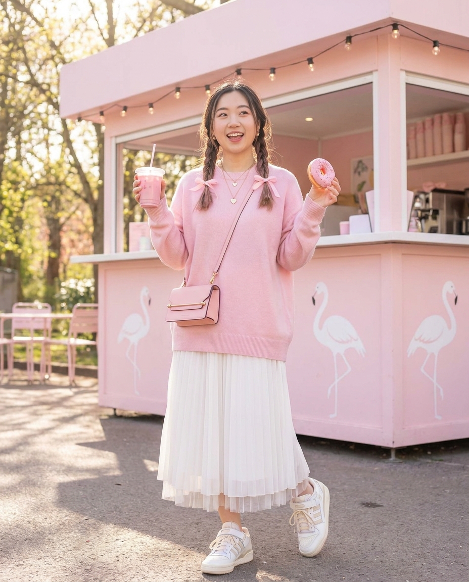 SKIPIKS AIファッション写真 — feminine, cute — 부드러운 핑크와 화이트의 조합으로 완성된 러블리한 룩이에요. 플리츠 스커트와 오버사이즈 핑크 스웨터가 편안하면서도 여성스러운 실루엣을 연출합니다