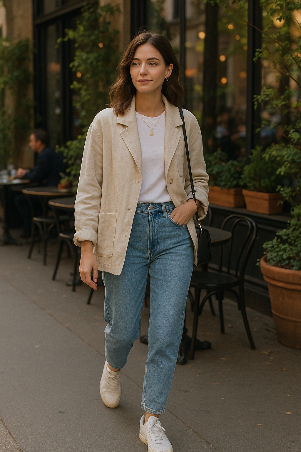SKIPIKS AI时尚大片 — casual, minimalist, streetwear — 내추럴한 베이지 톤의 재킷과 화이트 티셔츠가 매치되어 부드러운 무드를 자아냅니다. 빈티지한 청바지와 화이트 스니커즈로 편안하면서도 세련된 룩이 