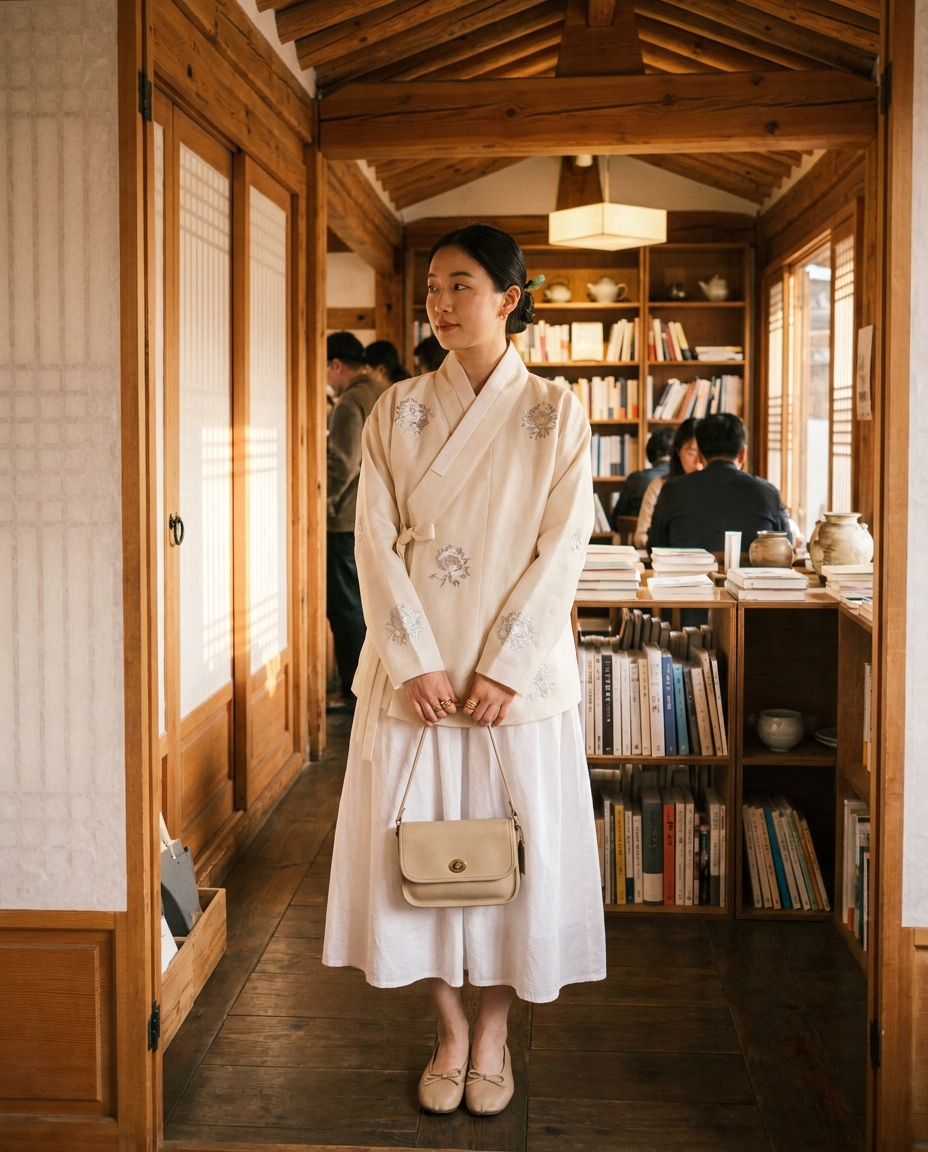 SKIPIKS AIファッション写真 — traditional, elegant, minimalist — 부드러운 베이지 톤의 저고리가 우아한 분위기를 완성해주는 룩이에요. 롱 화이트 스커트와 매치해 클래식한 무드를 더해보세요. 봄날의 데이트나 카페