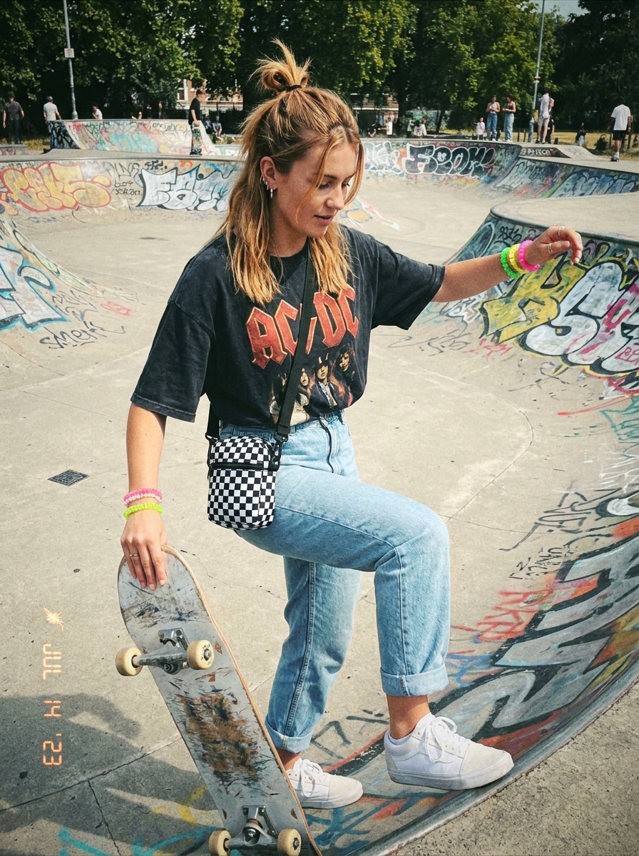 SKIPIKS AIファッション写真 — streetwear, casual, vintage — 빈티지 감성이 물씬 풍기는 밴드 티셔츠와 연청 데님의 매치가 스트리트 감성을 더해줍니다. 체커 백과 컬러 팔찌로 포인트를 주어 개성 있는 스타일