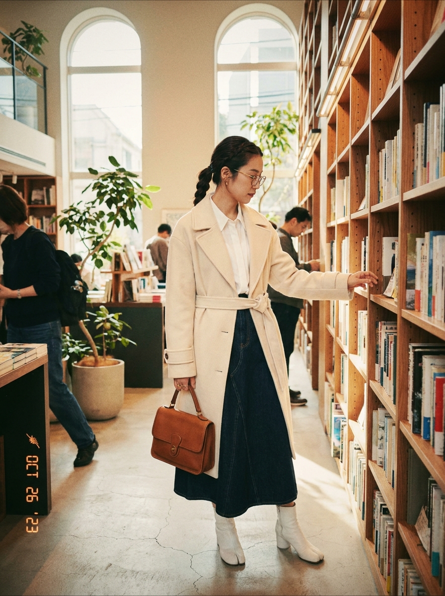 SKIPIKS AI 패션 화보 — classic, chic — 따뜻한 베이지 트렌치코트와 진청 치마가 고급스러우면서도 클래식한 무드를 완성합니다. 브라운 핸드백을 매치하면 더욱 세련된 스타일링이 가능해요. 
