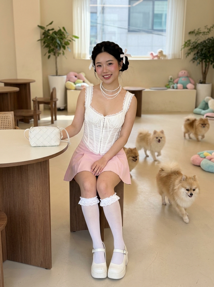 SKIPIKS AI 패션 화보 — feminine, retro — 화이트와 핑크의 사랑스러운 조화가 돋보이는 룩이에요. 레이스 디테일의 코르셋과 플레어 스커트가 로맨틱한 분위기를 더해줍니다. 진주 목걸이와 매치