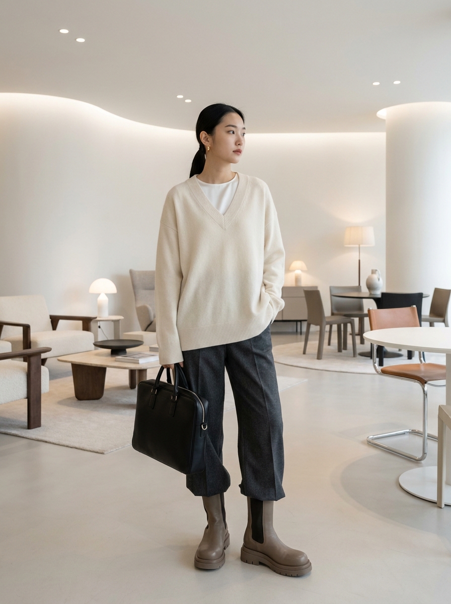 SKIPIKS AI 패션 화보 — minimalist, chic — 크림 컬러의 브이넥 스웨터와 차콜 슬랙스로 고급스러우면서도 편안한 분위기를 연출해보세요. 브라운 첼시 부츠와 블랙 토트백으로 스타일의 균형을 맞