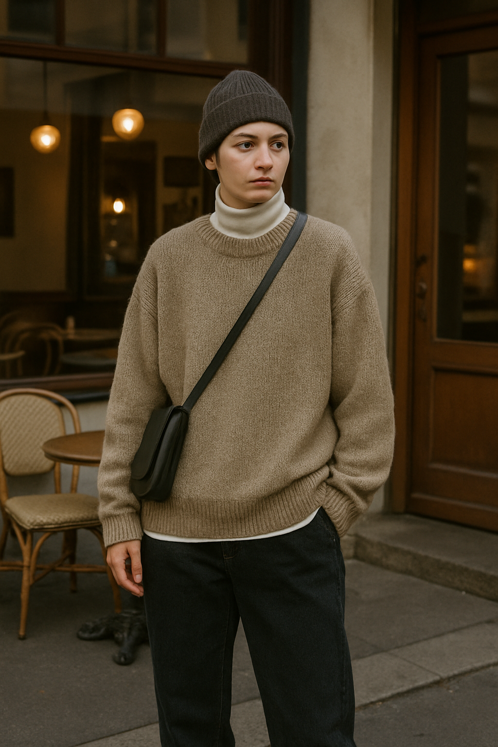 SKIPIKS AIファッション写真 — casual, cozy — 베이지 니트 스웨터와 화이트 폴라넥 티셔츠가 따뜻하면서도 편안한 느낌을 주는 룩이에요. 블랙 바지와 블랙 숄더백으로 깔끔함을 더해보세요. 가을 