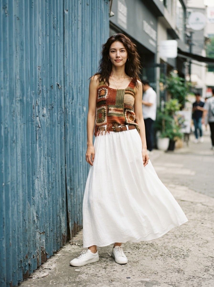 SKIPIKS AI 패션 화보 — bohemian, casual — 자유로운 보헤미안 무드가 가득한 멀티컬러 니트 탑이 시선을 사로잡습니다. 화이트 롱 스커트와 매치하여 가벼우면서도 여유로운 스타일을 완성해보세요