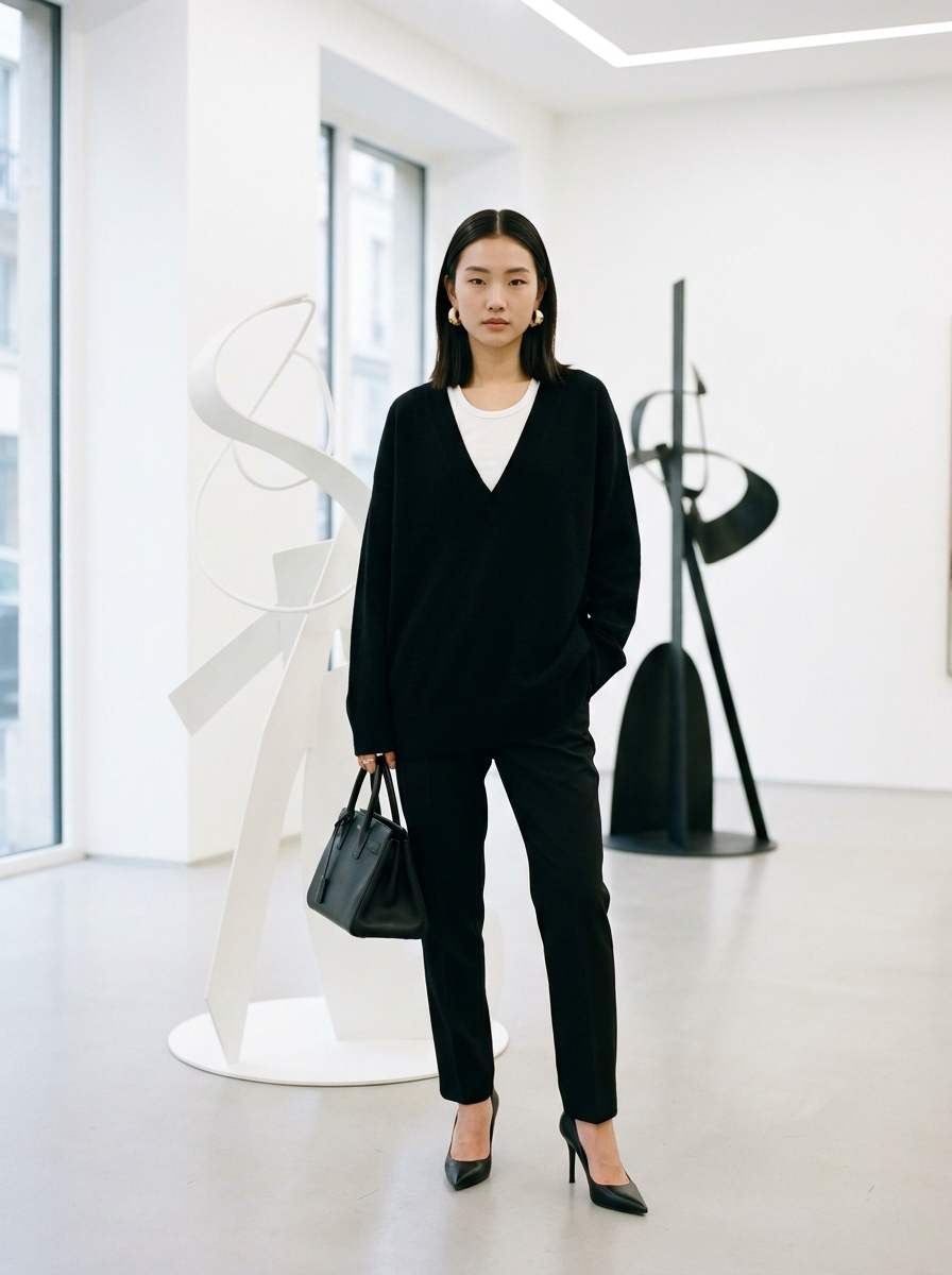 SKIPIKS AI 패션 화보 — minimalist, chic, modern — 차분하면서도 세련된 올블랙 룩이 멋스러운 무드를 연출하네요. 여유로운 핏의 브이넥 스웨터가 편안함을 주고, 슬랙스와 매치하여 도시적 감성을 강조