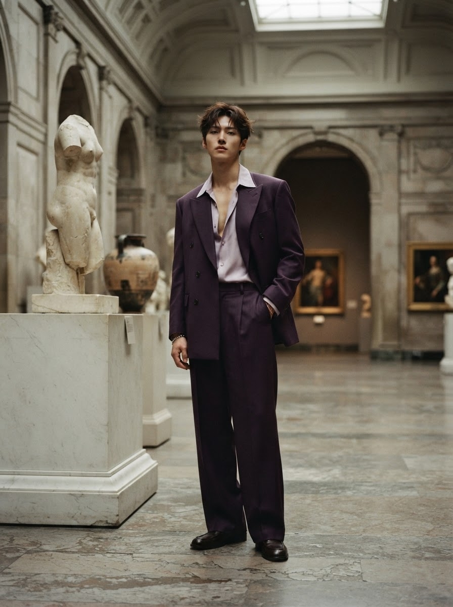 SKIPIKS AI时尚大片 — sophisticated, classic — 은은한 보라색 컬러가 돋보이는 클래식한 룩이에요. 셔츠와 블레이저의 조화로 세련된 비즈니스 캐주얼 스타일을 연출해보세요. 미술관이나 전시회 같은