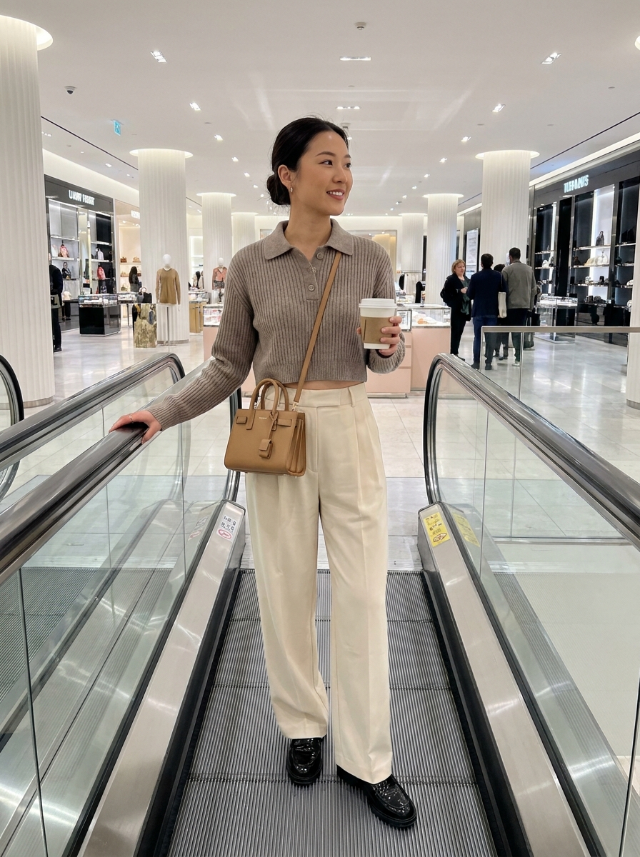 SKIPIKS AI时尚大片 — minimalist, chic — 세련된 니트 스웨터와 와이드 팬츠가 만나 편안하면서도 고급스러운 분위기를 완성합니다. 베이지와 아이보리 컬러의 조화가 우아함을 더하며, 브라운 